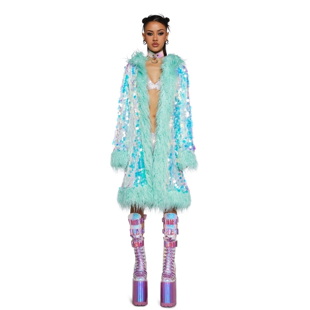 NWT XS Club Exx Dolls Kill Galactic Glamgasm Seafoam Green Sequin Faux Fur Coat